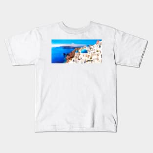 Santorini caldera view with blue domes Kids T-Shirt